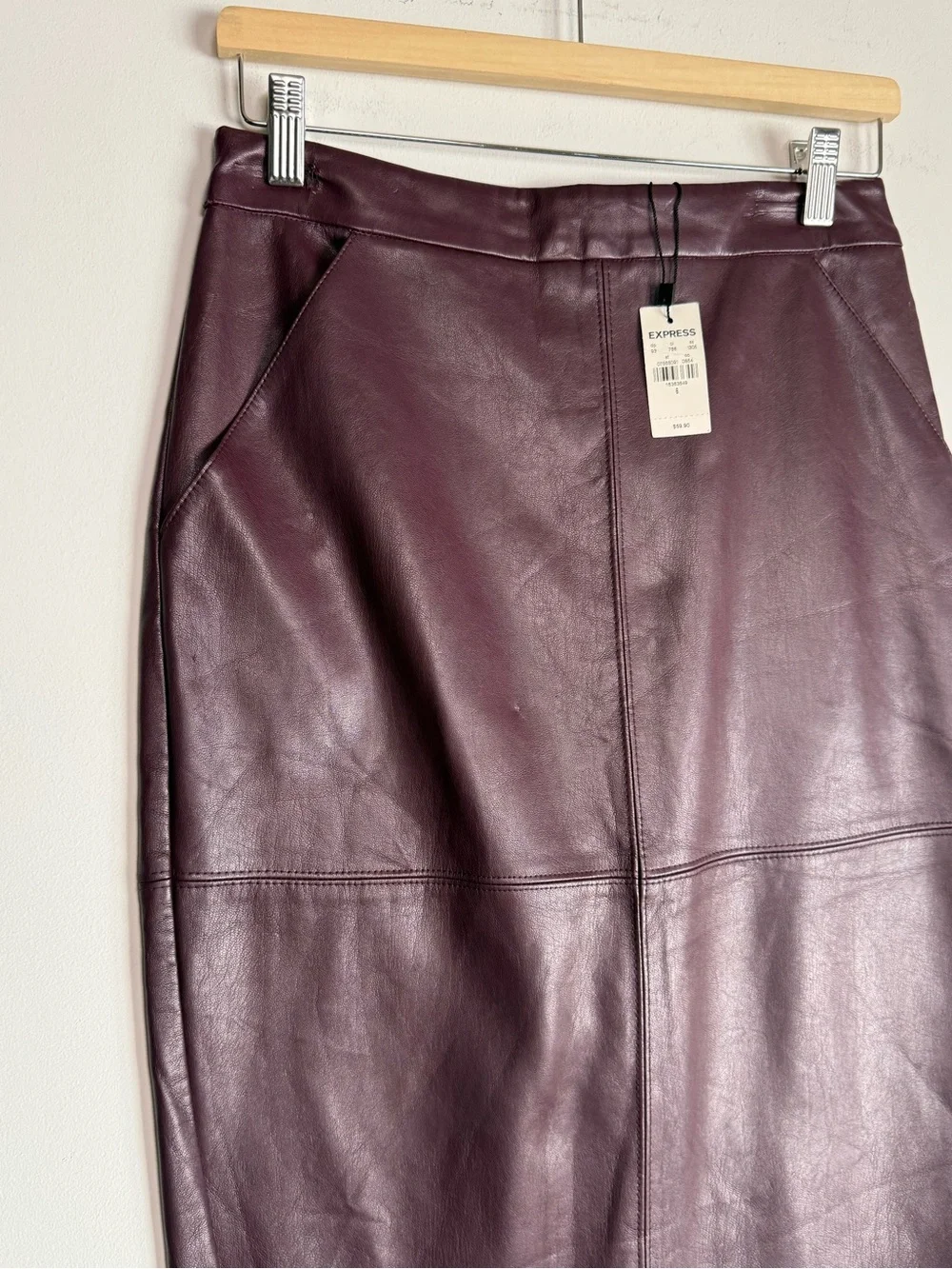 Express Womens Burgundy Faux Leather Pencil Skirt Midi High Waist Size 6 NWT
